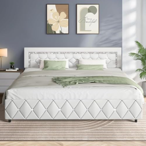 King Bed Frame with Diamond Headboard, Upholstered Platform Bed, White