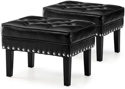 Glitzhome Ottoman Stool, Mid-Century Modern PU Leather Vanity Accent Stool Chair, Makeup Stools Footrest Side Table for Living Room Vanity Enterway, Black, Set of 2