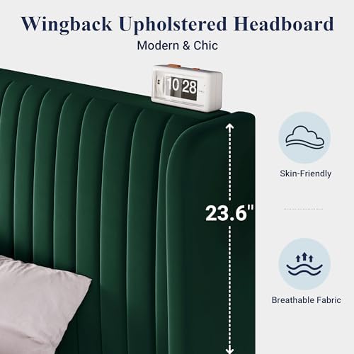 Allewie Full Size Bed Frame/Velvet Upholstered Platform Bed/Vertical Channel Tufted Wingback Headboard/Strong Wooden Slats/No Box Spring Needed/Easy Assembly/Green