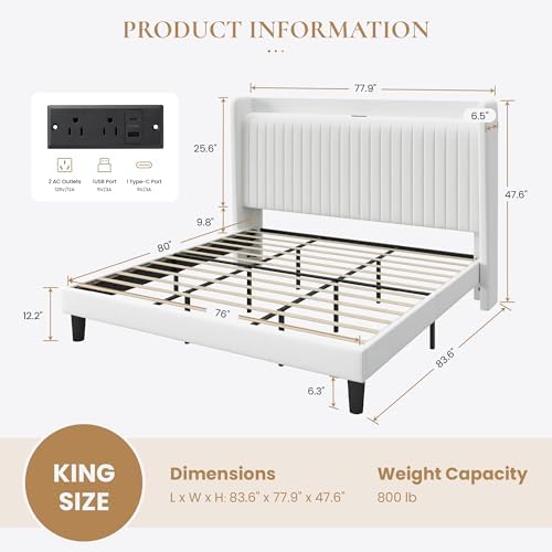 SHA CERLIN King Size Velvet Bed Frame with Shelf, Charging Station, White