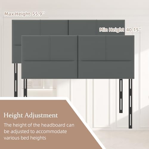 Upholstered Headboard King Size, Solid Wood Head Board with Sturdy Metal Legs, Leather Bed Headboard with Height Adjustable, Gray