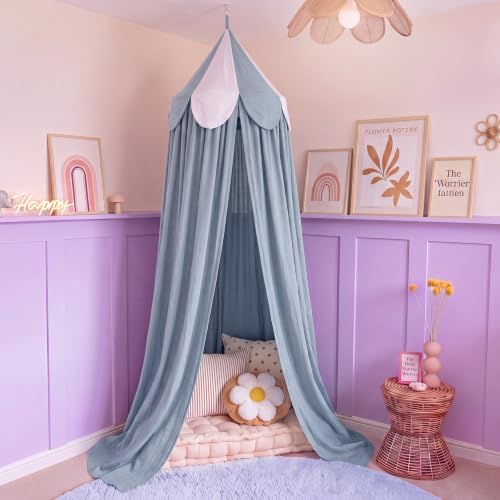Bed Canopy with Scalloped Edge, 2 Panel Striped, Blue