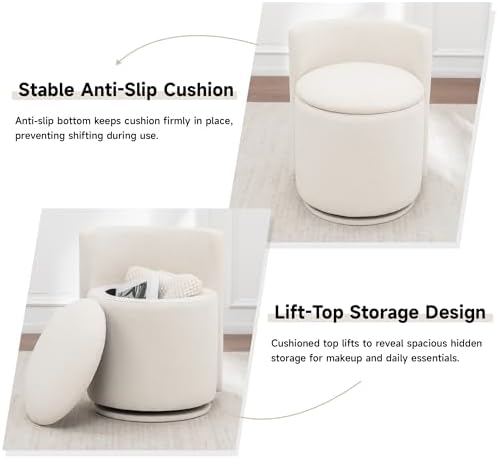 MINCETA Vanity Chair with Storage, 360° Swivel Accent Chair, Beige