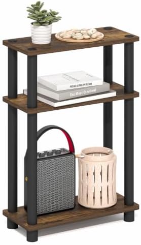 Furinno Turn-N-Tube Narrow Side Table, 3-Tier Rectangular Modern End Table with Storage Shelf, Slim Toolless Assembly Nightstand, Night Stand, Bedside Table, for Living Room, Bedroom, Amber Pine