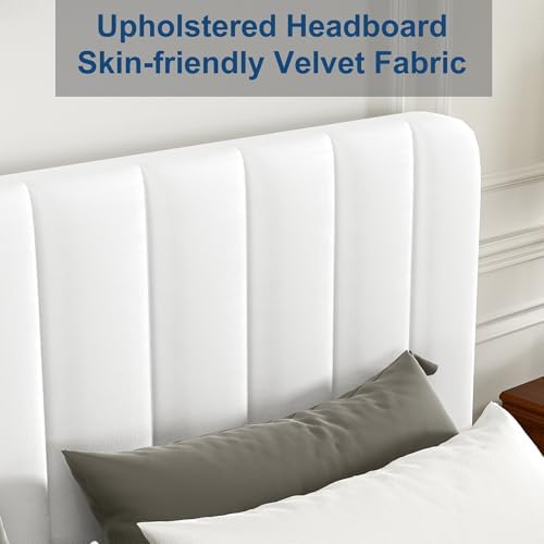 VECELO Full Size Upholstered Bed Frame with 4 Drawers and Headboard, Velvet Platform Storage Bedframe, Wooden Slats Support, No Box Spring Needed,White