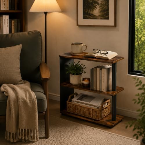 3-Tier Narrow End Table, Industrial Slim Side Table, Rustic Brown