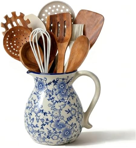 6.1" Blue & White Ceramic Farmhouse Utensil Holder for Kitchen Counter