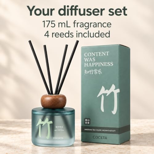 Bamboo Reed Diffuser, 5.9 Fl Oz – Fresh Green Floral Home Fragrance for Up to 90 Days - Reusable, Refillable Glass Holder - Includes 4 Natural Reed Sticks - Flame Free