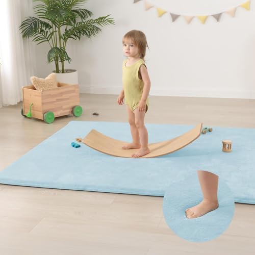 Huloo Sleep Baby Play Mat for Floor,1.3" Thick Elasti-Foam 50"×74" Playpen Mat for Tummy Time,Water Repellent Soft Coral Velvet for Toddler,Infant,Kids,Non-Slip Backing Safe for Crawling(Light Blue)