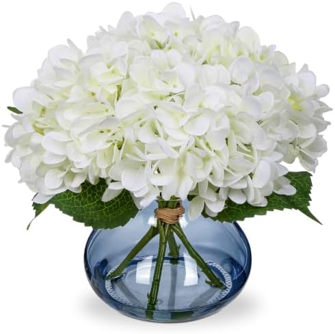 Hollyone White Hydrangea Artificial Flowers with Glass Vase Silk Faux Flowers Arrangements with Faux Water in Blue Vase Fake Floral Bulk Bouquet for Home Decor Table Centerpiece Decorations