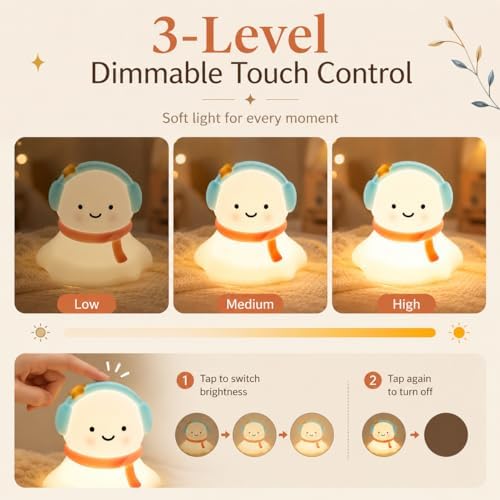 Snow Baby Night Light for Kids, Silicone Squishy Lamp, 3-Level Dimmable Touch Bedside Light, USB Rechargeable Nursery Lamp for Baby Bedroom, Birthday Christmas Gift
