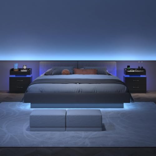 4ever2buy Black Nightstand with Charging Station and LED Lights