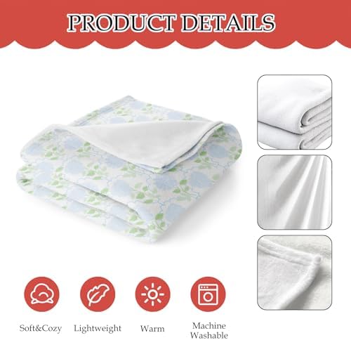 Blue Floral Blanket, Rustic Hydrangea Flower Plant Decorative Throw Blanket for Couch Bed Sofa, Cottagecore Flower Throw Blankets for Living Room Bedroom Decor, 50x60 Inches