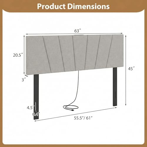 GIANTEX Headboard with Charging Station, Queen/Full Size Tufted Upholstered Head Board w/2 AC Outlets, USB & Type-C Ports, Rubber Wood Legs, Width Adjustable Modern Bed Headboard Only (Grey)