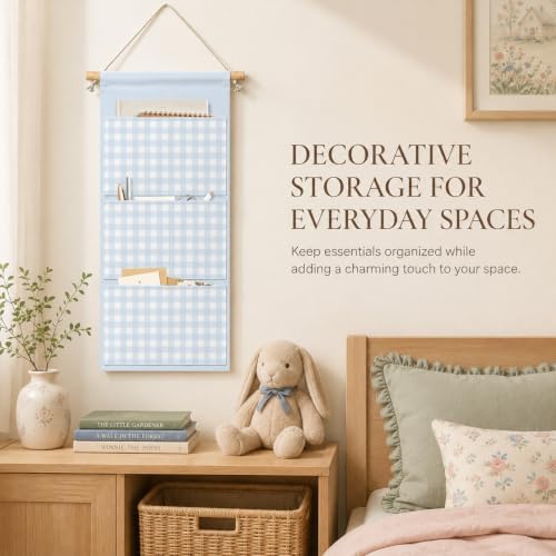 IAXIC Blue Gingham Wall Hanging Organizer, Canvas Storage for Nursery