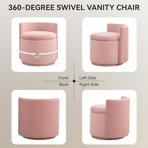 WUTUTUEE Large Velvet Vanity Chair with Storage, 360° Swivel Makeup Chair with Wave Back, No Assembly Small Accent Stool for Bedroom, Dressing, Living Room, Pink