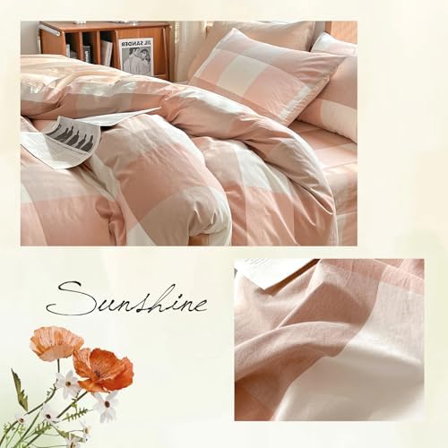 AOJIM Pink Buffalo Plaid Duvet Cover Set King Size 100% Washed Cotton Zipper Bedding Set 3 Piece, Soft Checkered Comforter Cover and 2 Pillowcases Vintage Farmhouse Girls Women Bedding Duvet Cover