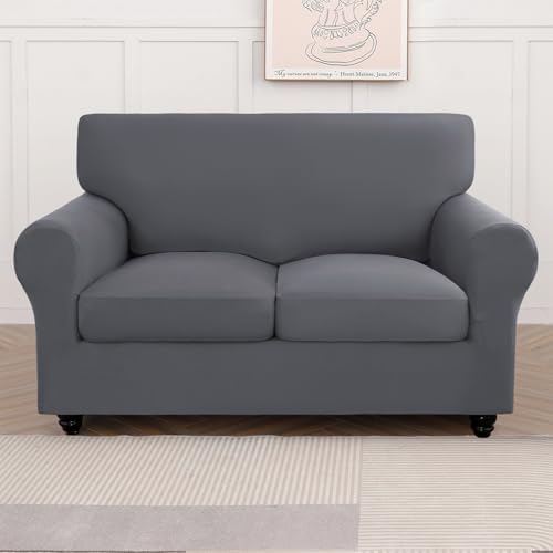 SearchI Stretch Sofa Cover Couch Cover, 3 Pieces Loveseat Slipcover with 2 Separate Cushion Cover, Washable Furniture Protector for Living Room(Loveseat, Grey)