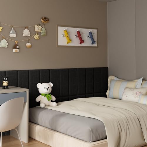 Upholstered Wall Mounted Headboard for Twin in Black, Peel and Stick Wall Padding Panel Terry Cloth, 6 Panels Sized 9.84" x 23.62"