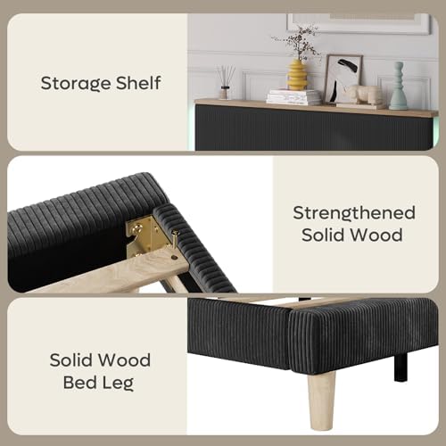 Bestier Full Bed Frame with Adjustable Headboard & LED, Upholstered, Black