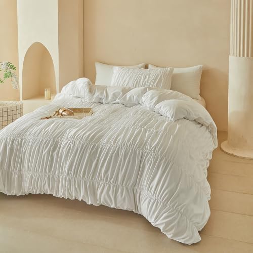 AOJIM White Ruched Full Duvet Cover 3Pcs French Chic Bedding for Bedroom
