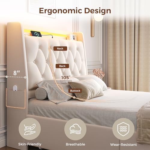Twin LED Velvet Bed Frame with 2 Storage Drawers&Hidden Headboard, Upholstered Platform Bed with Charging Station&Button Tufted Design, Wooden Slats Support, Box Spring Optional, Easy Assembly, Beige