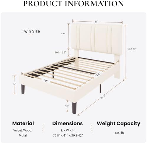 SHA CERLIN Twin Size Velvet Bed Frame with Adjustable Headboard, Cream