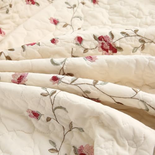 vctops 100% Cotton Quilted Throw Blanket 50x60 Inch Floral Embroidered Reversible Patchwork All Season Throw (Flower,50"x60")