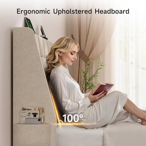 ONBRILL Ergonomic Headboard Queen Size with Charging Station, Off White