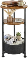 3-Tier Small Round Side Table with Storage Basket, Rustic Brown