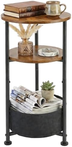 3-Tier Small Round Side Table with Storage Basket, Rustic Brown