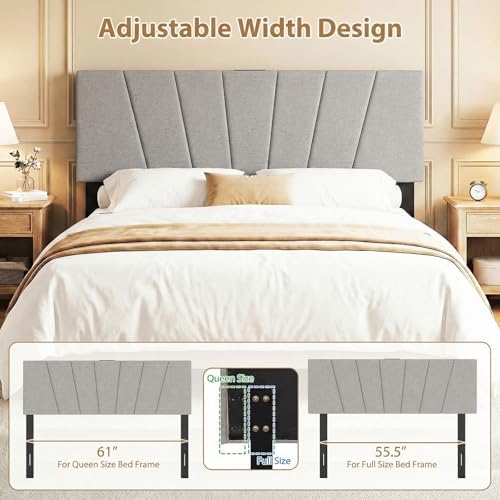 GIANTEX Headboard with Charging Station, Queen/Full Size Tufted Upholstered Head Board w/2 AC Outlets, USB & Type-C Ports, Rubber Wood Legs, Width Adjustable Modern Bed Headboard Only (Grey)