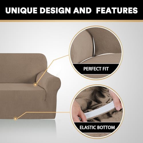 PrinceDeco Stretch Sofa Slipcover 1 Piece Sofa Cover for 2 Cushion Couch Furniture Protector/Cover Couch with Elastic Bottom Soft and Durable Sofa Cover Pet Protector (Loveseat,Macchiato)