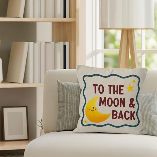 Moon and Stars Nursery Throw Pillow Cover 18x18, to the Moon and Back Decorative Pillow Covers for Kids Toddler Boy Girl Nursery Room Bedroom, Kids Room Accent Pillows Cover Pillowcases