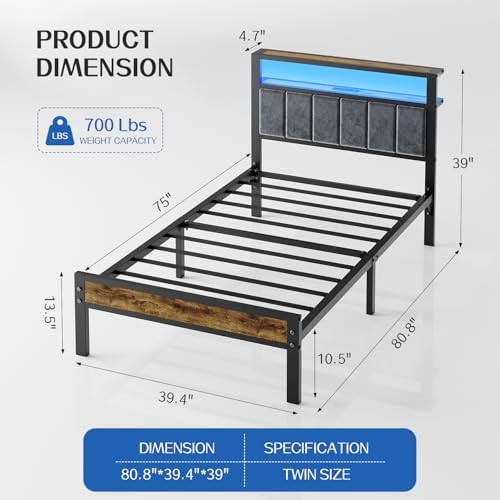 Liians Twin Size Bed Frame with LED Lights, Grey Upholstered Headboard