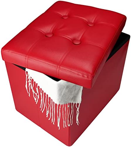 Bsketa Storage Ottoman Bench,17 Inch Folding Leather Foot Rest Stool,Red