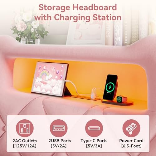 Twin Upholstered LED Bed Frame with 2 Storage Drawers and 2-Tier Storage Bookcase Headboard, Velvet Princess Platform Bed for Kids/Girls/Boys, Heavy Duty Metal Support, No Box Spring Needed, Pink