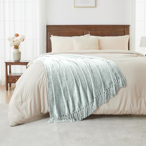 CozeCube Chenille Throw Blanket, Baby Blue Fringe Blanket, 60"X80"