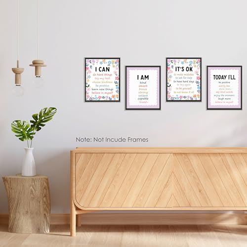 BESERH Boho Floral Positive Affirmation Wall Decor, Inspirational Motivational Quote Wall Art Prints Posters for Classroom Kids Room Nursery Playroom, 8x10 Inches Set of 4 Unframed