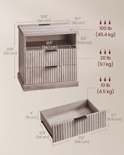 VASAGLE Set of 2 Nightstands with Charging Station, 2 Drawers, Open Shelf