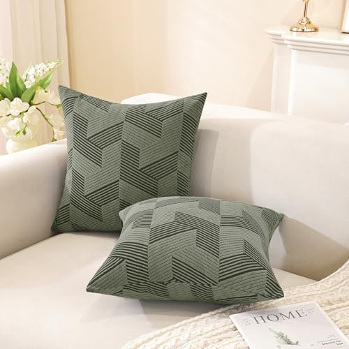 JIVINER Decorative Geometrical Throw Pillow Covers 18 x 18 Inch, Set of 2 Soft Modern Pattern Pillow Covers for Sofa, Couch, Living Room, Army Green