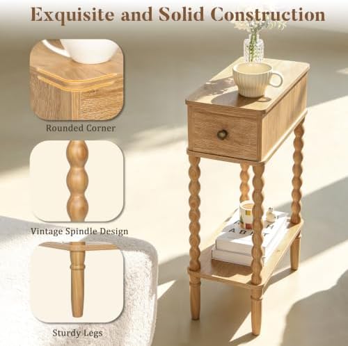 Fultyle Narrow End Table, Slim Small Side Table with Drawer and Open Shelf