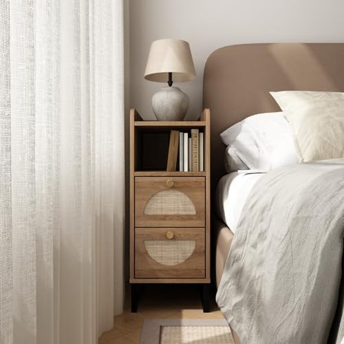 Narrow Nightstand for Small Spaces - 9.3" Slim Side Table with Rattan-Weave Drawers, Skinny Bedside Table with Open Shelf, Rustic Tall Thin Gap Filler for Bedroom & Sofa Side, Caramel Oak