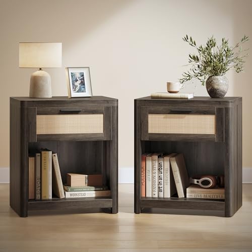 VASAGLE Set of 2 Boho Nightstands with Rattan-Look Drawer