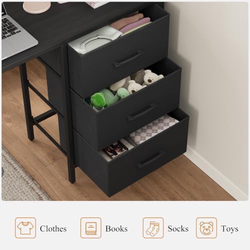 Bunk Bed Twin Over Twin with Desk, L-Shaped Loft Beds with Charging Station, 3 Storage Drawers & Shelves, Bunk Beds with Safety Guardrail & Ladder for Kids/Teens, No Box Spring Needed, Black