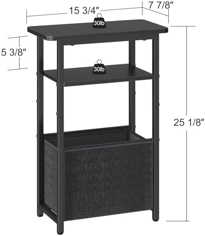 sthmec Narrow Side Table, Skinny End Tables with Fabric Basket, Small Side Tables for Small Space, 2-Tier Open Shelves with Basket, Slim Nightstands for Bedroom,Living Room,Office, Black