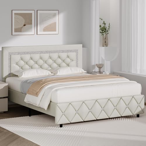 BarnFurin Queen Bed Frame with Diamond Tufted Headboard, Cream