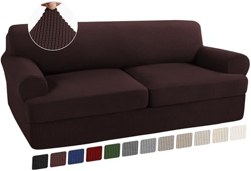 Turquoize 3 Piece T Cushion Sofa Slipcovers Stretch Couch Cover Furniture Covers with 2 Individual T Cushion Covers, Machine Washable (2 Cushion Sofa, Brown)