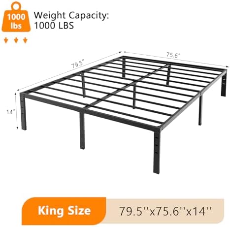 VINGLI 14 Inch King Bed Frame, Heavy Duty Metal Platform - No Box Spring Needed,Reinforced Steel Slats, Noise-Free, Easy Assembly, Ample Underbed Storage, Black