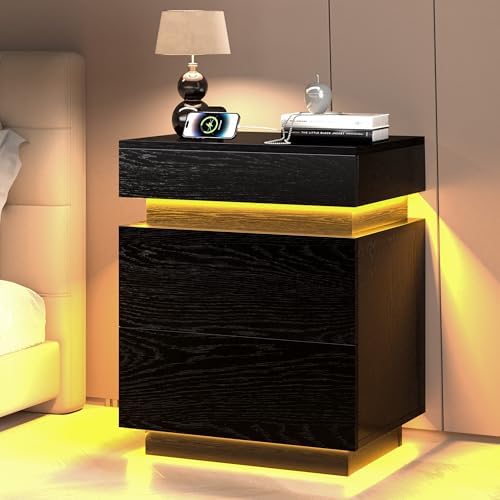COWMOU LED Night Stand with Charging Station, Sliding Top Hide Storage, 2 Outlets and USB-A/C Ports Bed Side Tables Bedroom Set Black End Table for Living Room